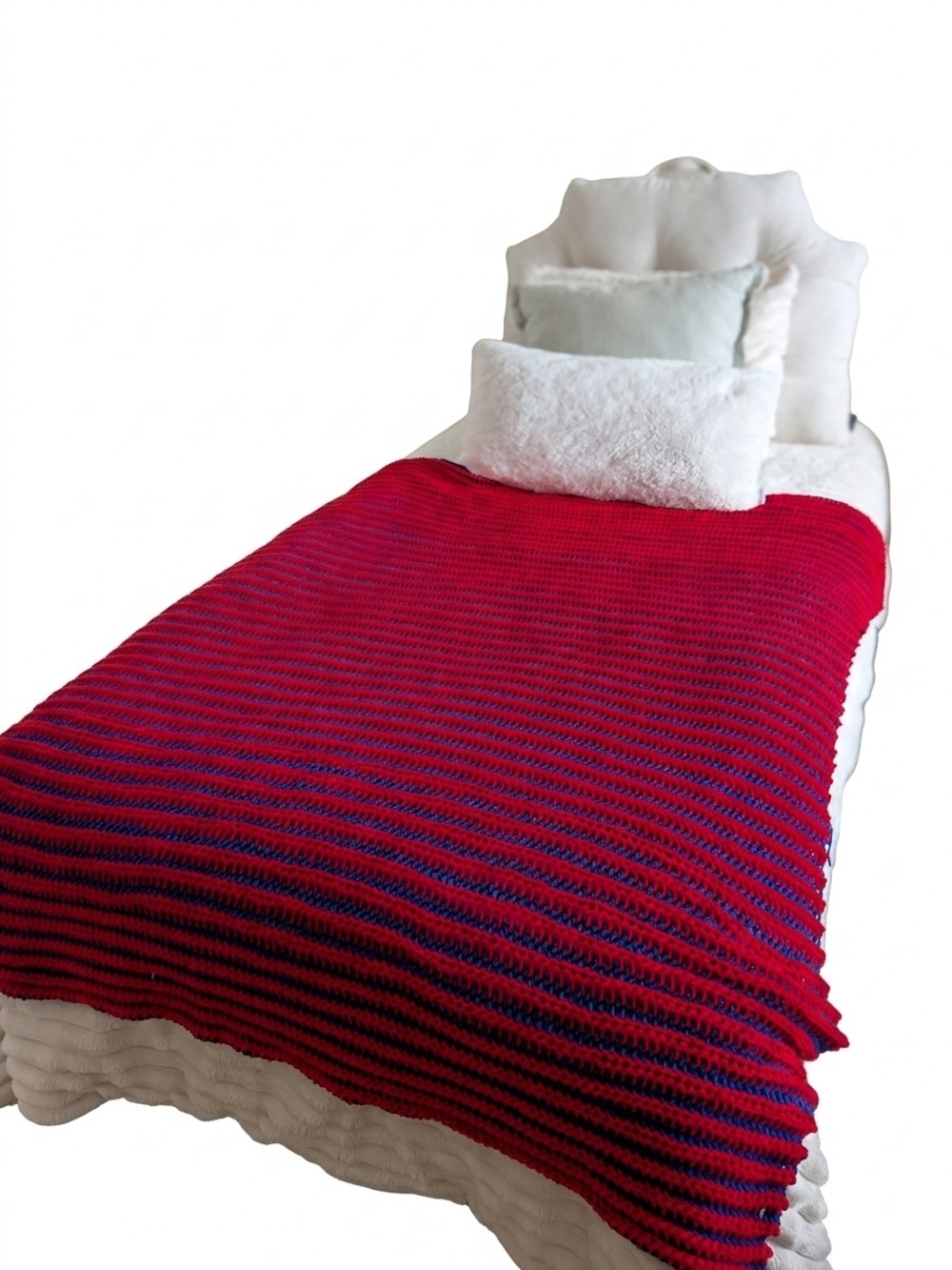 Hand Knit Red & Blue Reversible Throw Blanket (45x60") VTG